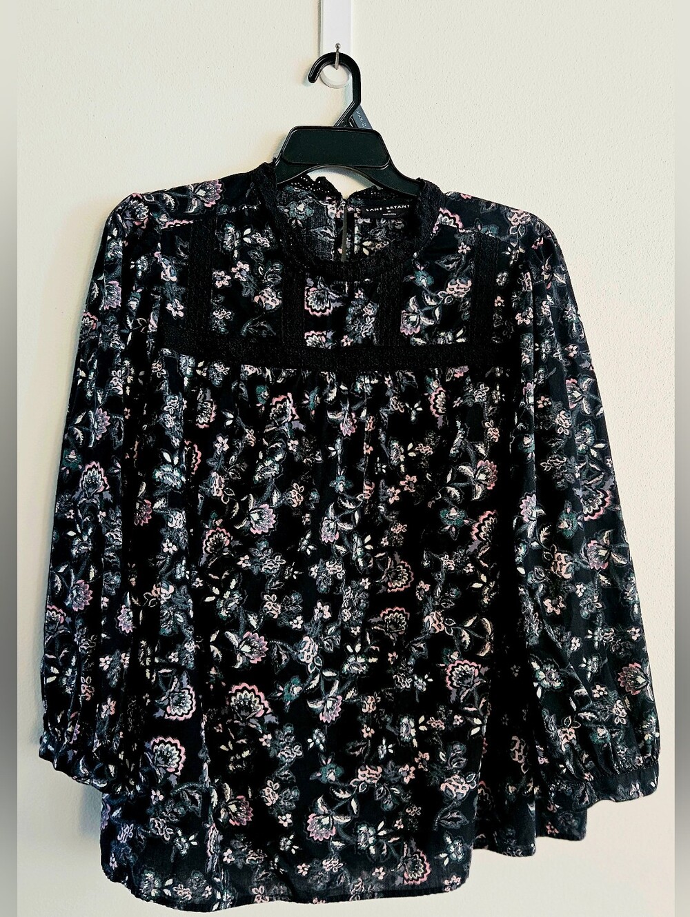 Lane Bryant Black Floral Lace-Yoke Long-Sleeve Blouse with Pink Accents